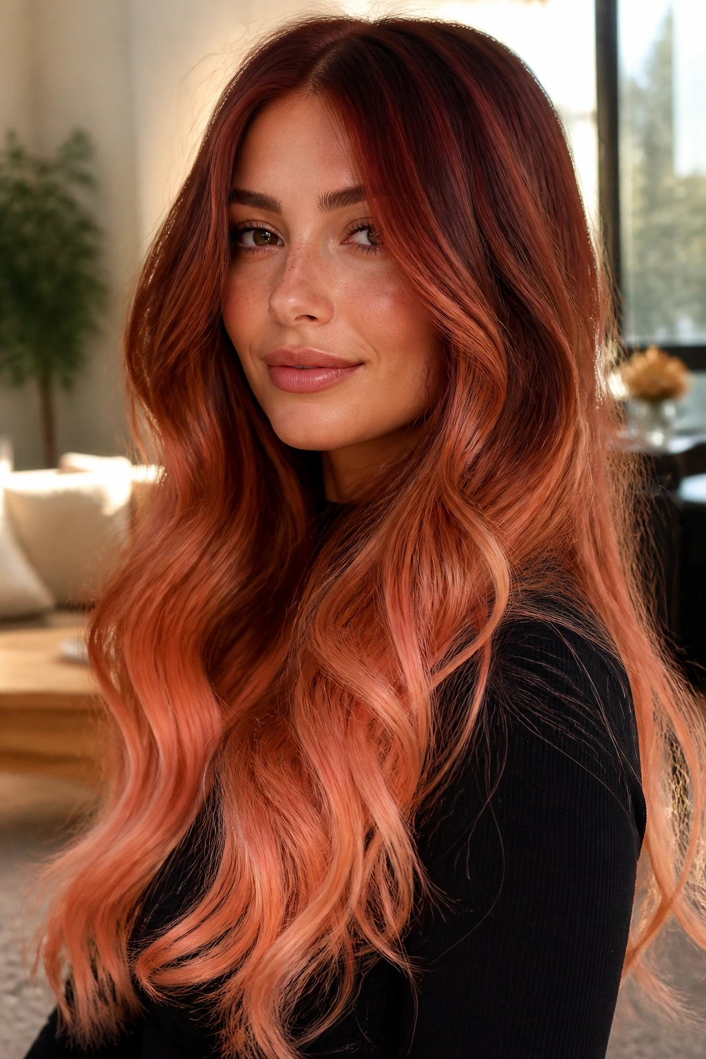 Close-up of a real woman with auburn to peach ombre in long hair