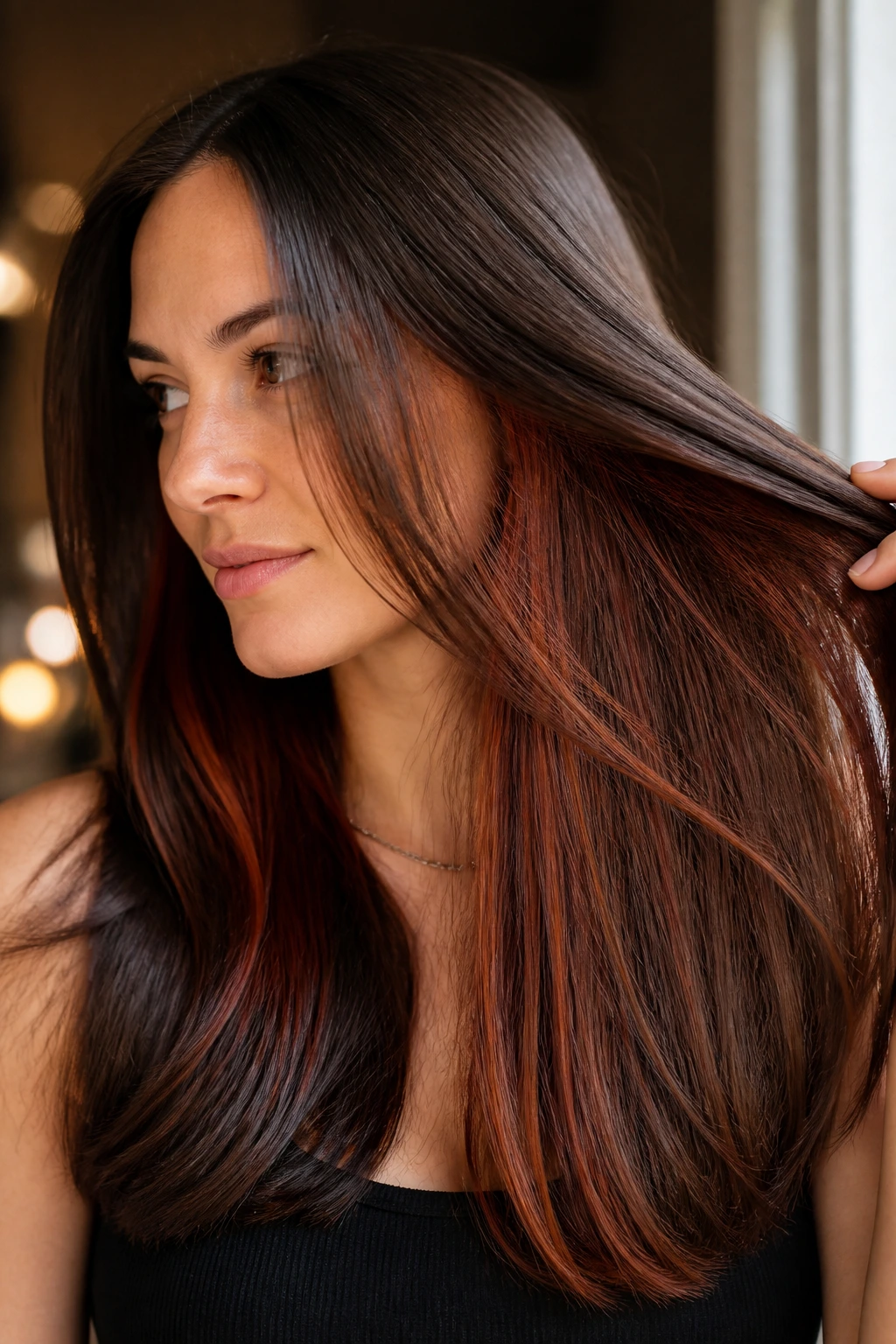 Close-up of a real woman with auburn peekaboo layers peeking through straight hair