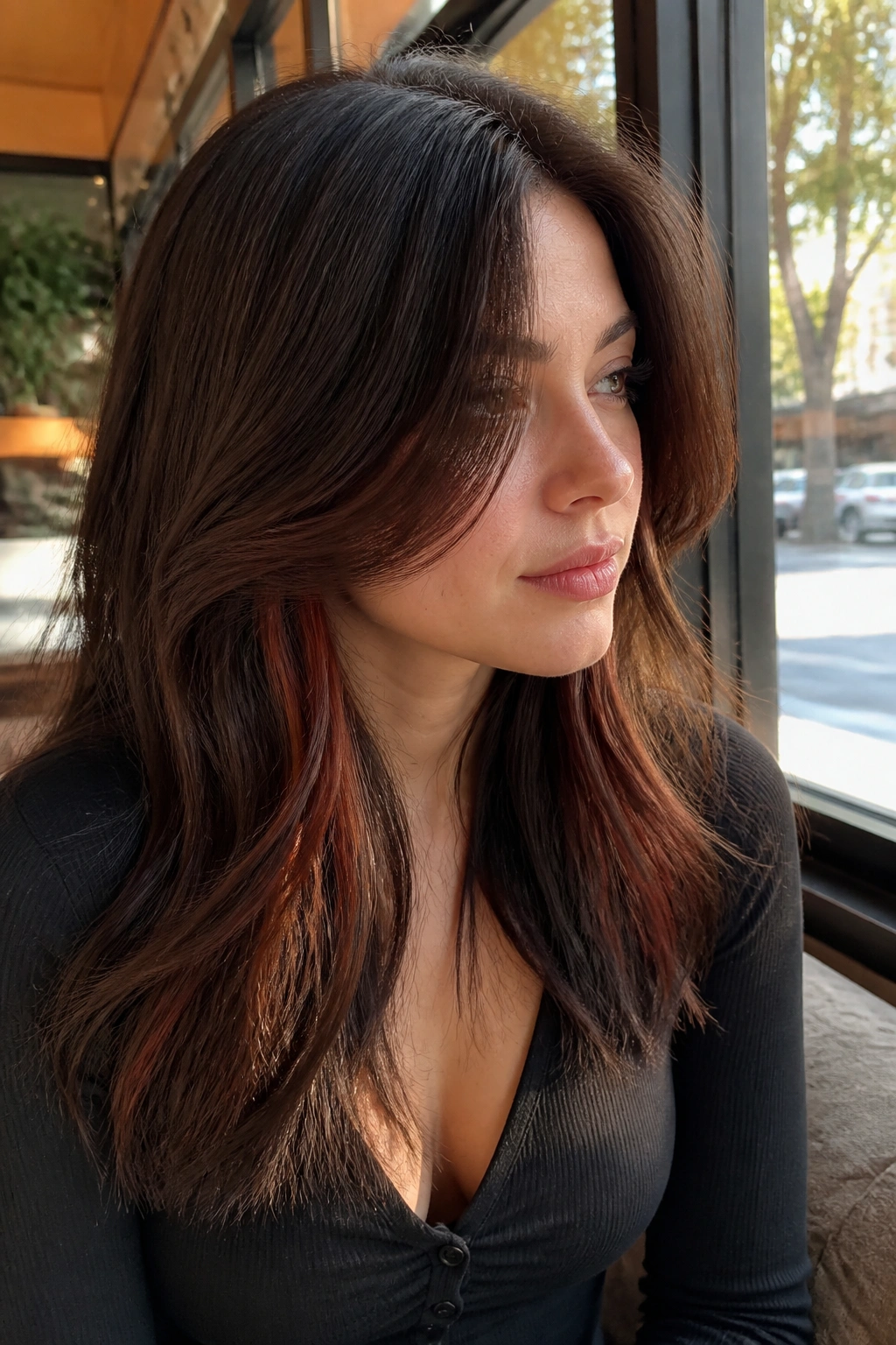 Real woman with auburn peekaboo pieces under the top layer and a soft part.