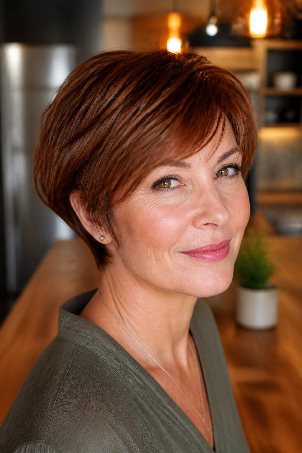 Close-up of a real woman with auburn pixie bob hybrid and tucked nape
