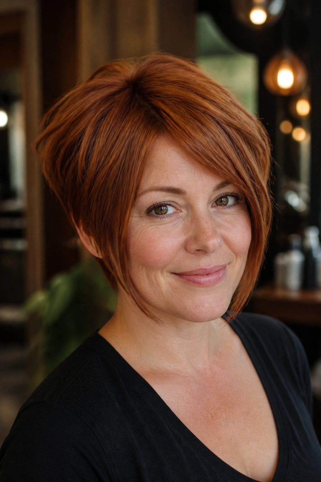 Real woman wearing Auburn Pixie-Bob Hybrid, jaw-skimming front pieces in warm salon light