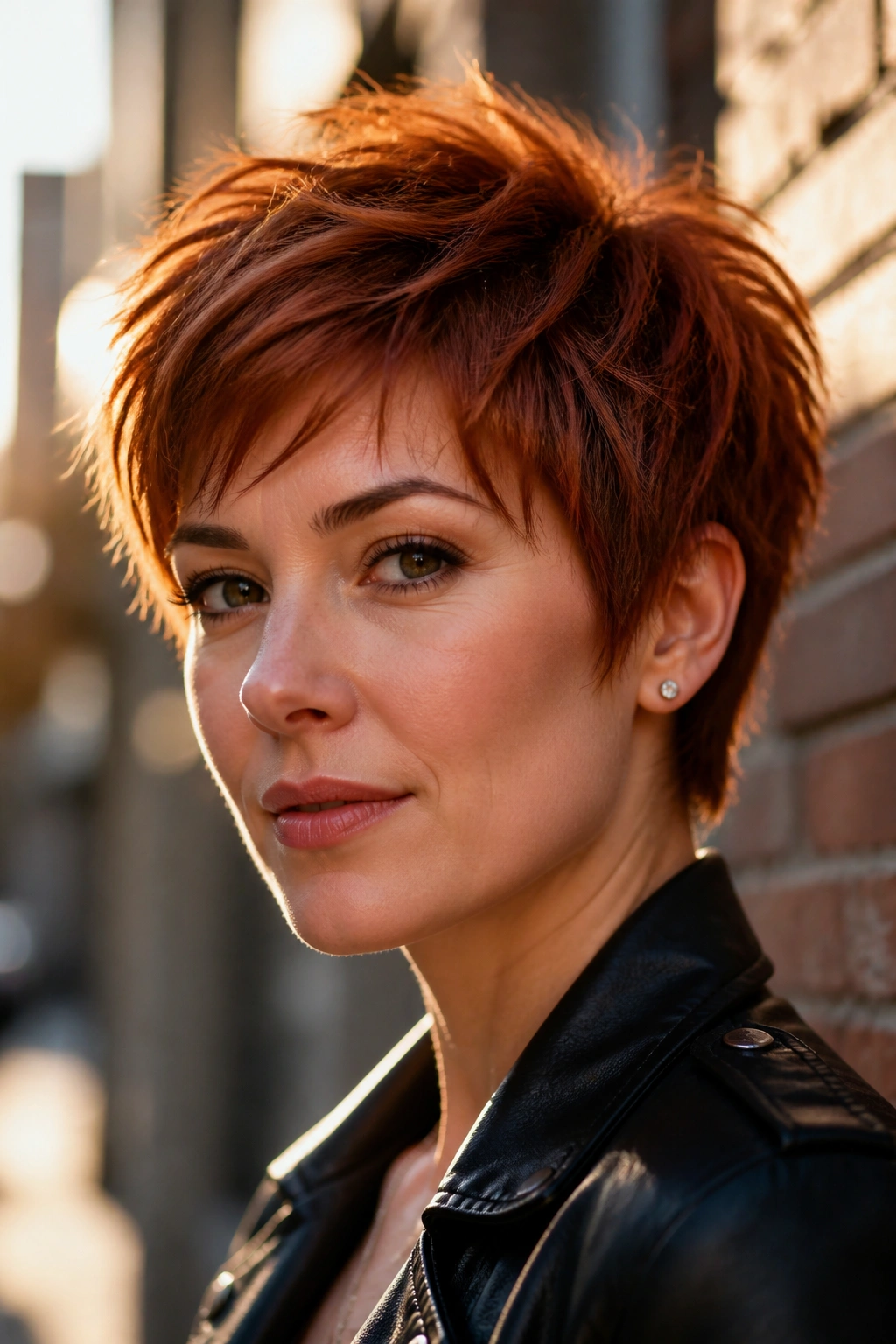 Close-up portrait of a real woman with auburn choppy pixie and piecey ends in urban sunlight