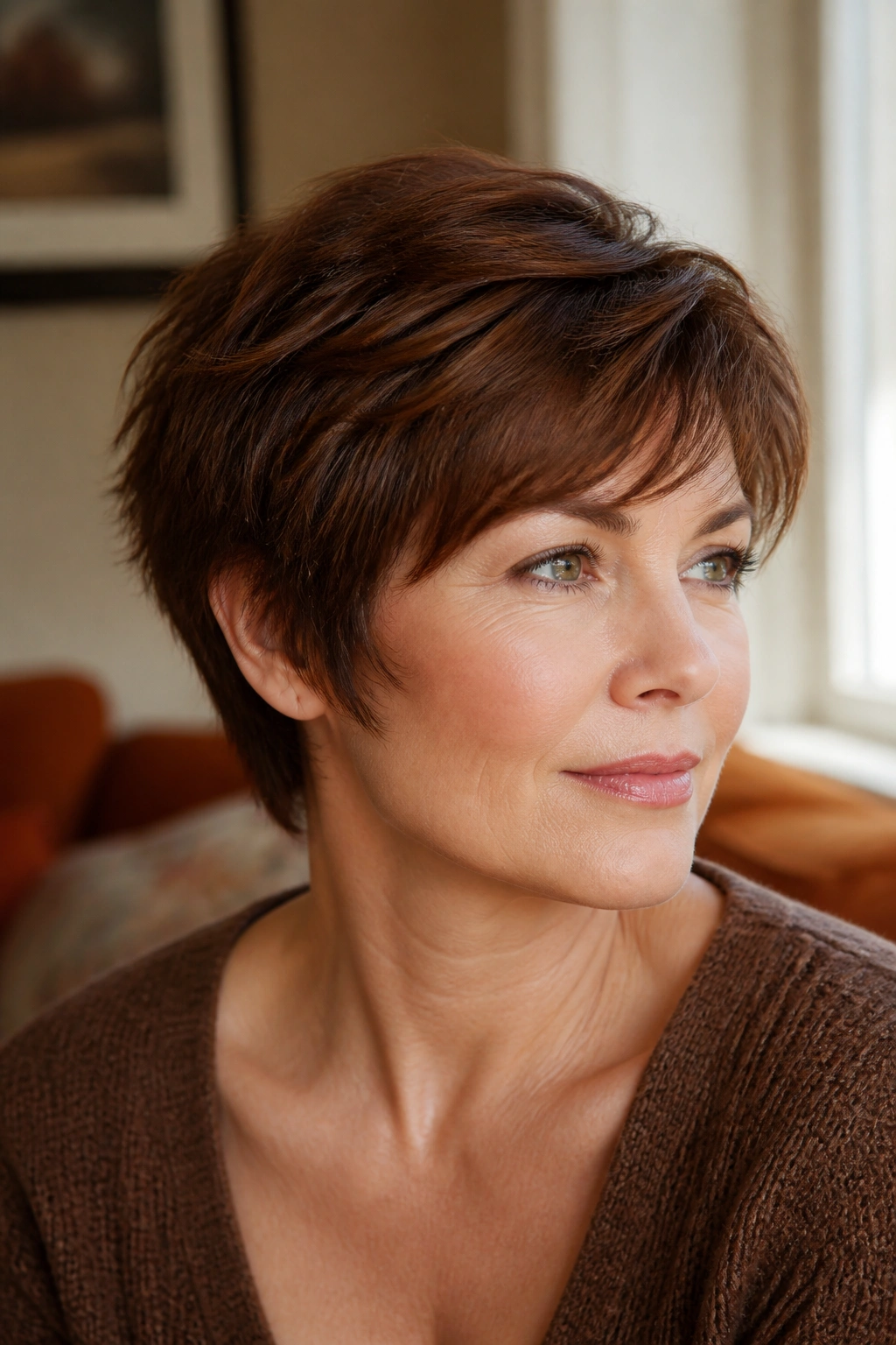 Close-up portrait of a real woman with Auburn-Brown Pixie With Feathered Ends showing airy feathering.