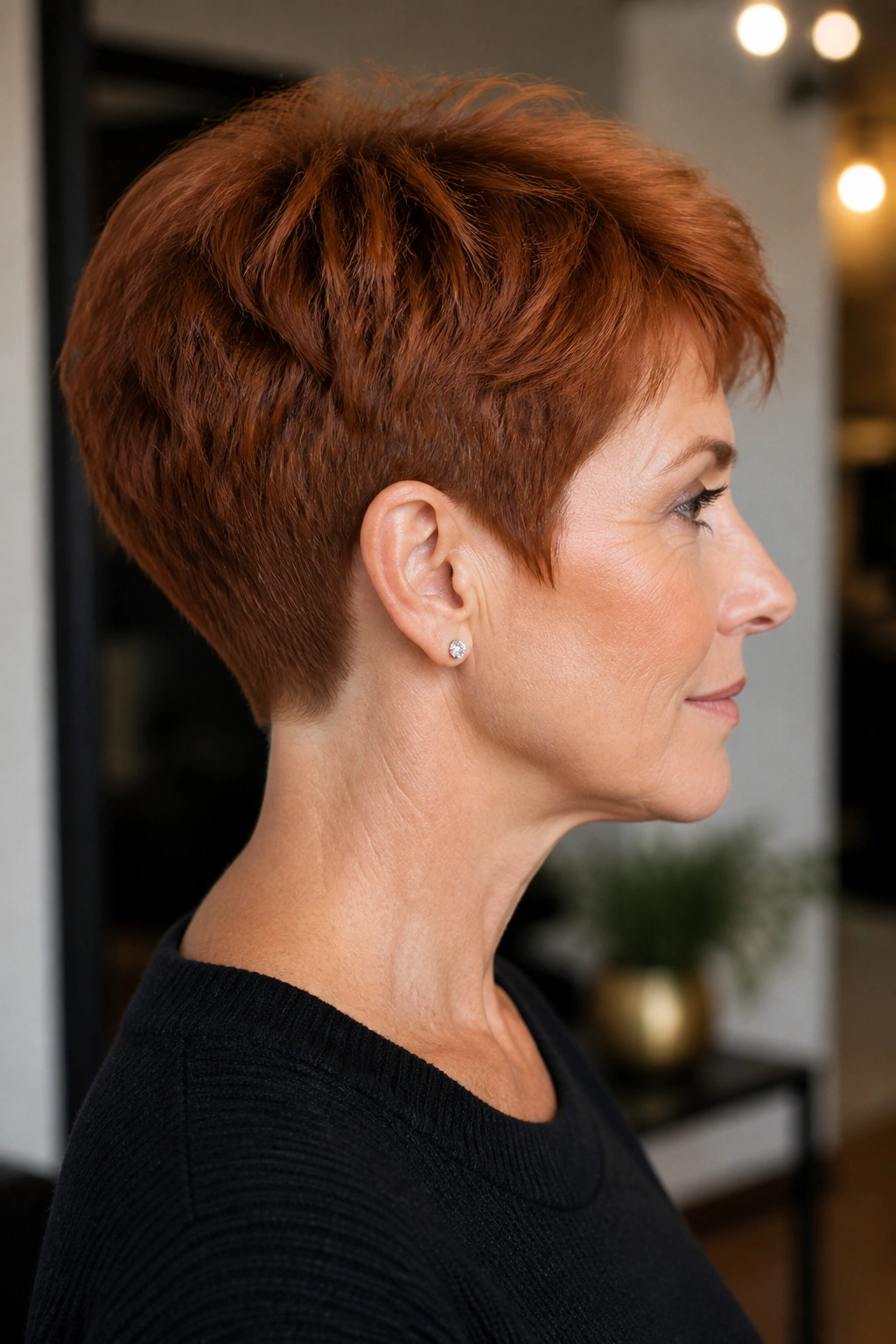 Profile of real person with auburn tapered pixie and neat nape