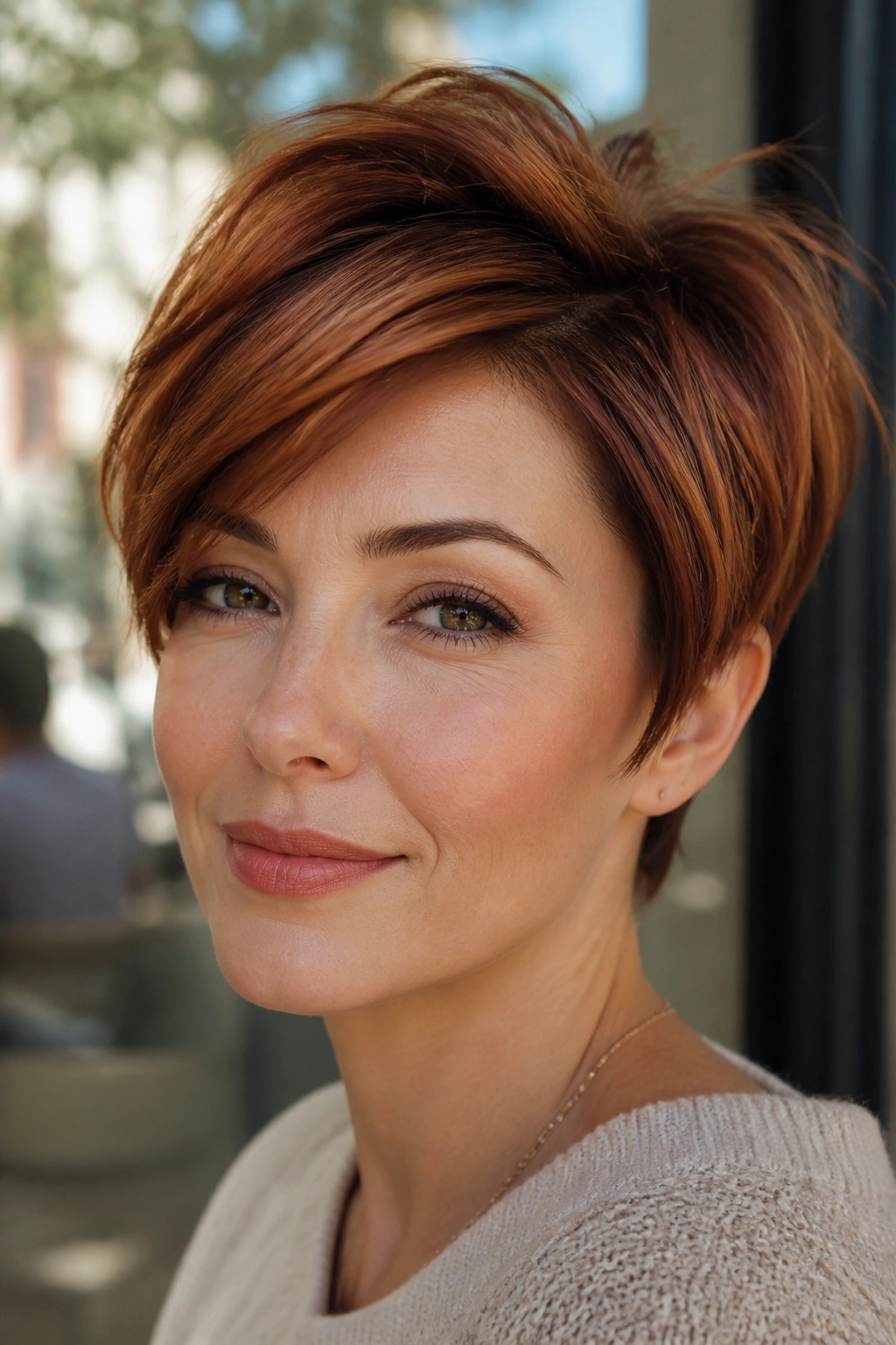 Close-up of a real woman with auburn pixie and longer top layer