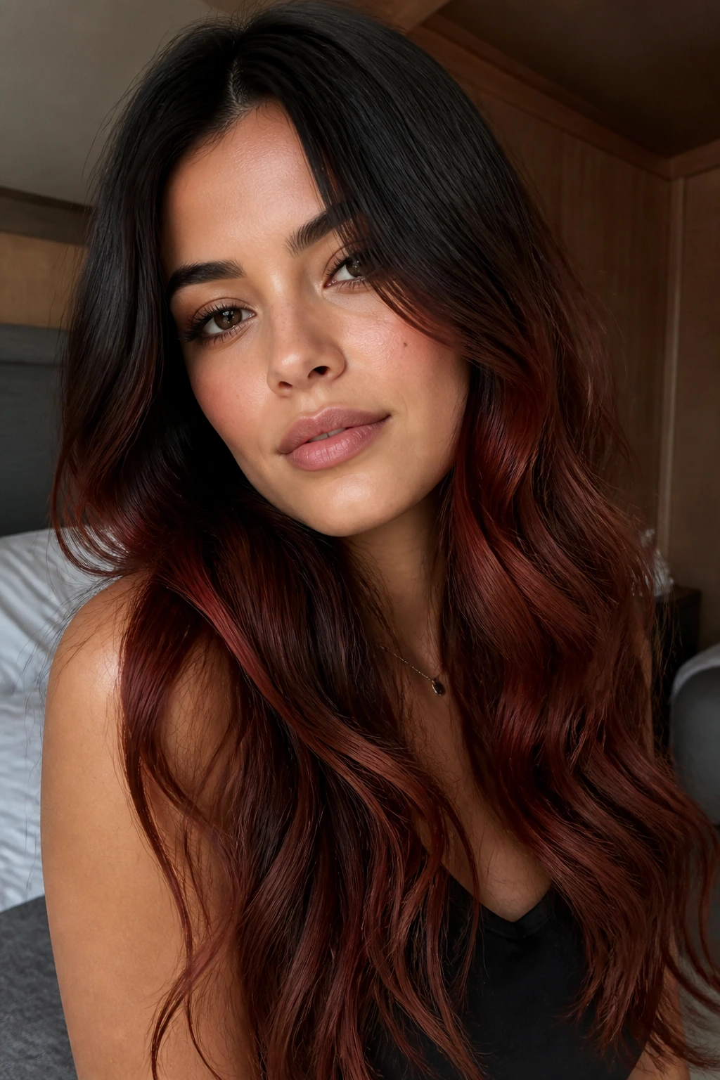 Close-up of long hair transitioning from black roots to auburn red with warm tones