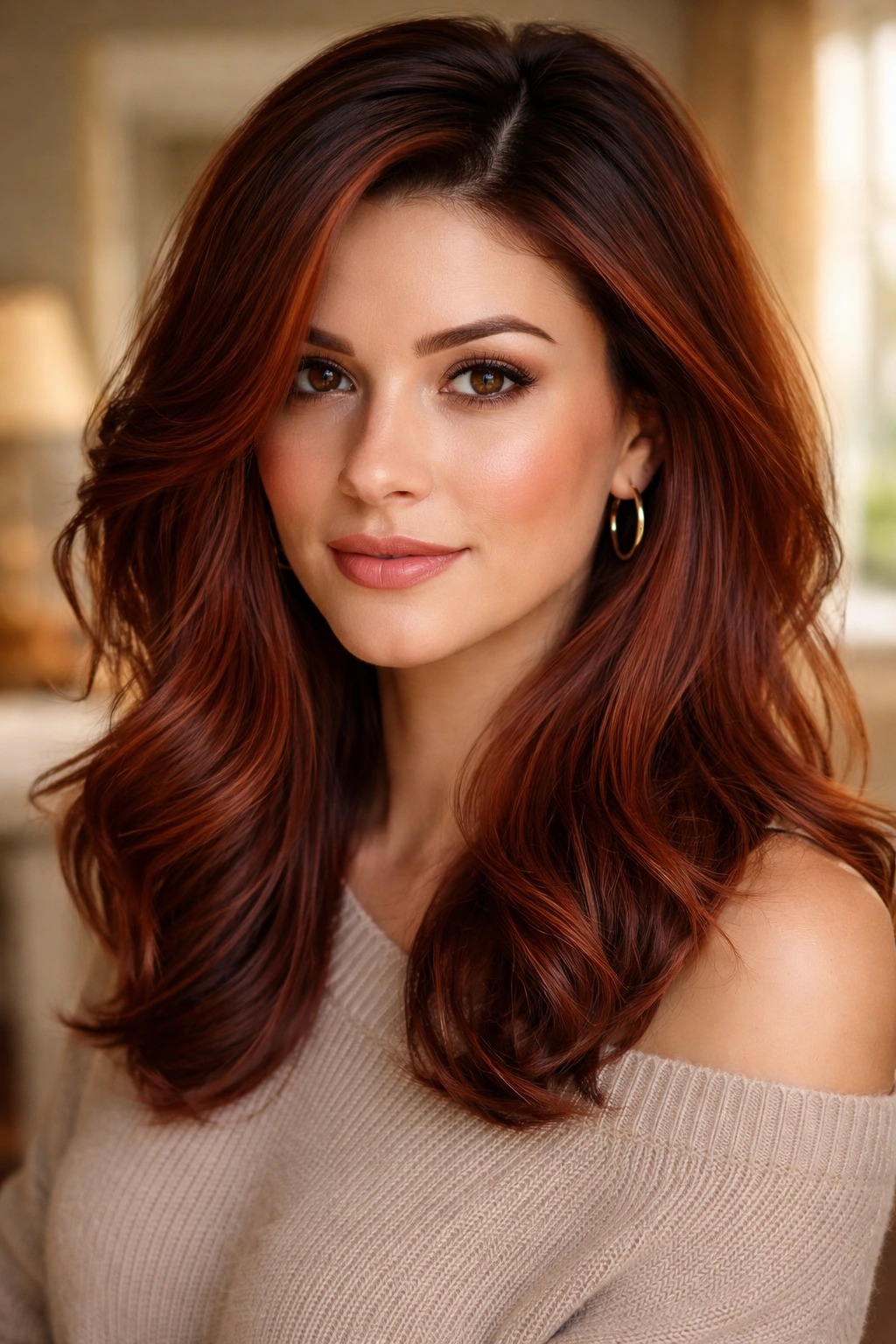 Portrait of a woman with auburn red hair and shadow roots