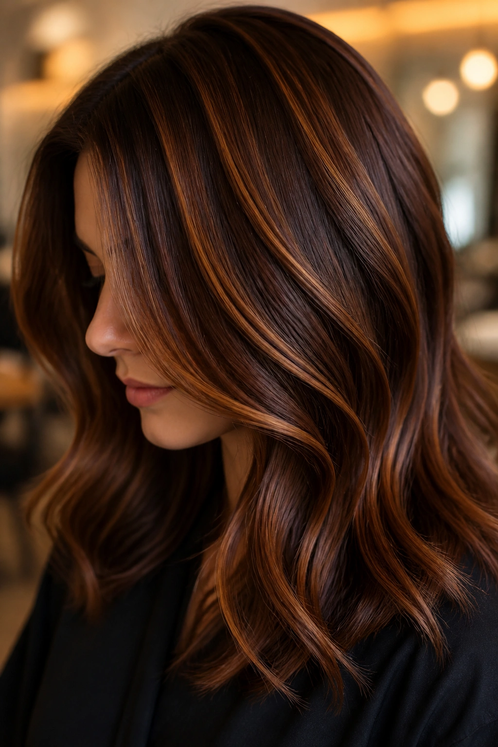 Chestnut brown hair with auburn ribbon highlights