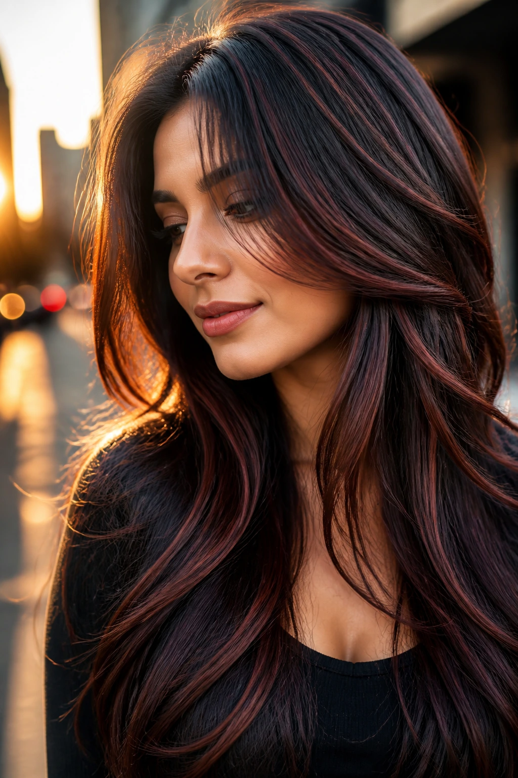 Close-up of woman with auburn ribbon highlights on long layered hair in golden hour light