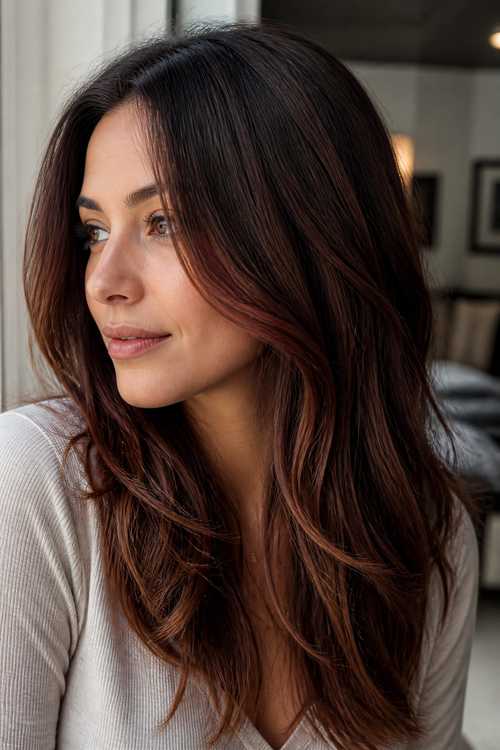 Close-up of brunette with auburn ribbons through midlengths