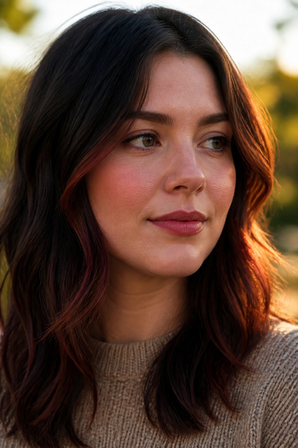 Close-up portrait showing auburn ribbons around the jawline