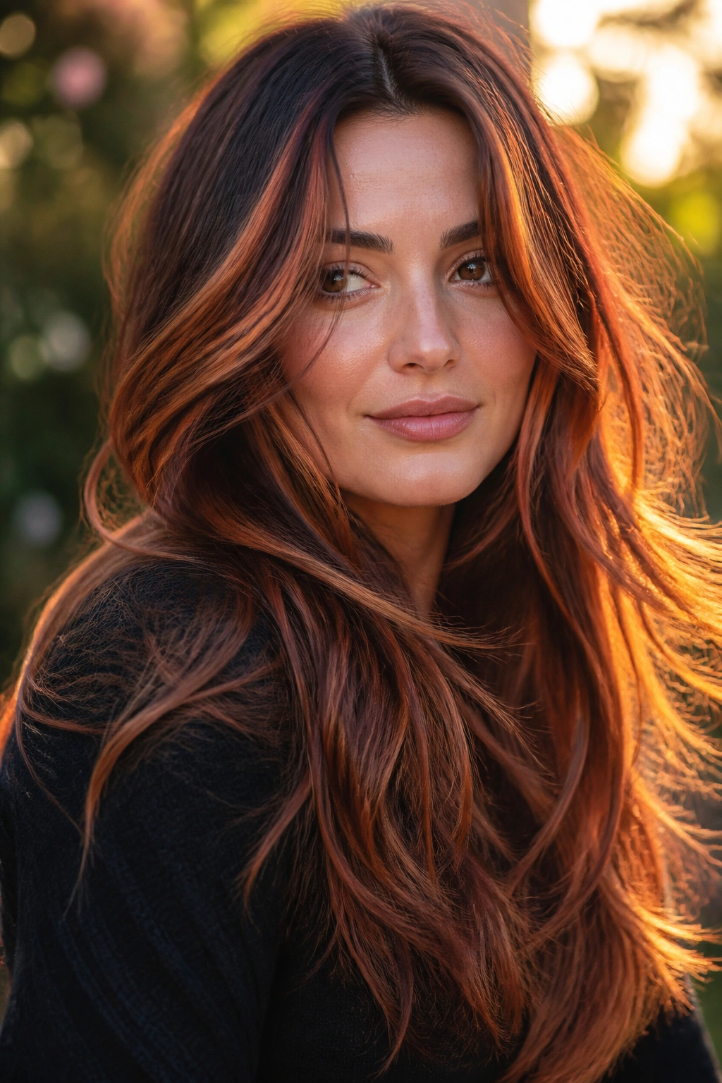 Portrait of a woman with auburn ribbons in long layered hair in a sunlit outdoor setting