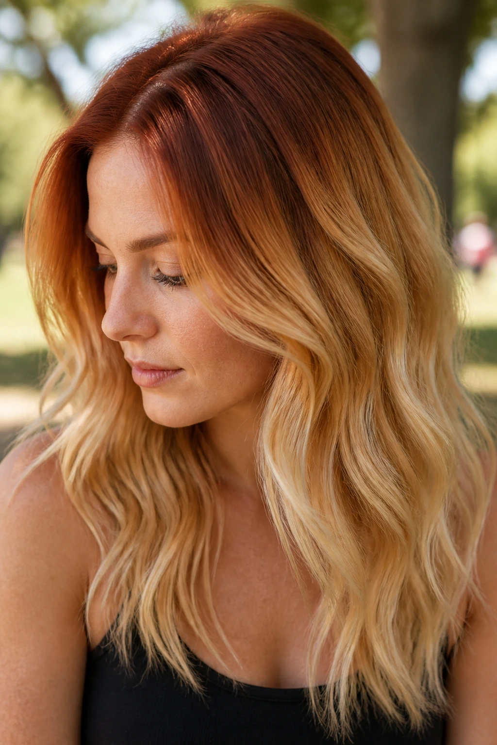 Portrait of a real woman with auburn roots fading into blonde in a sunny outdoor setting.