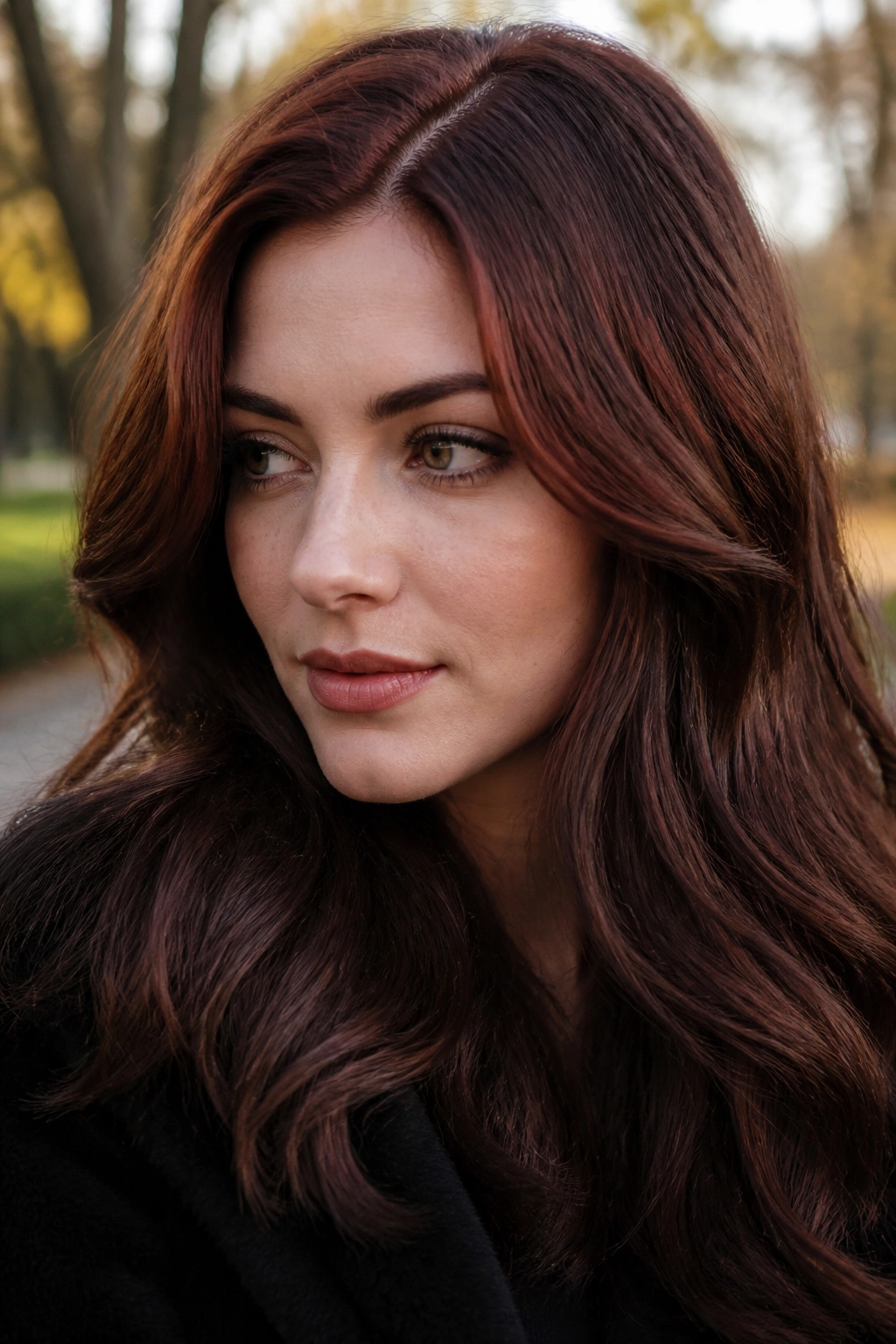 Close-up portrait of a real person with auburn root shadow blending into brunette lengths