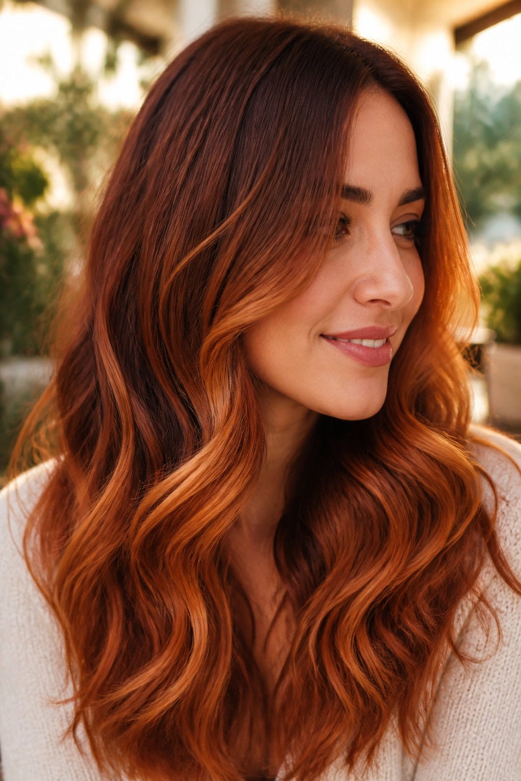 Close-up of auburn roots fading into burnished copper on long wavy hair.