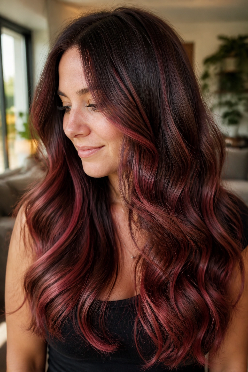 Close-up of thick brown hair with auburn rose balayage