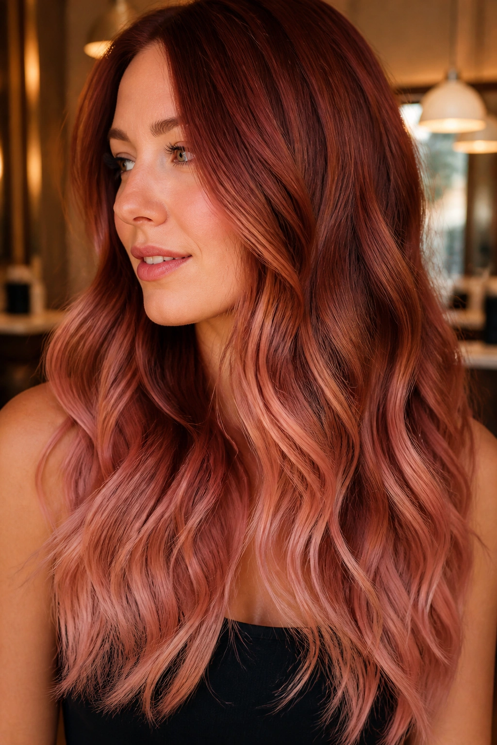 Close-up of long hair from auburn roots to rose gold ends