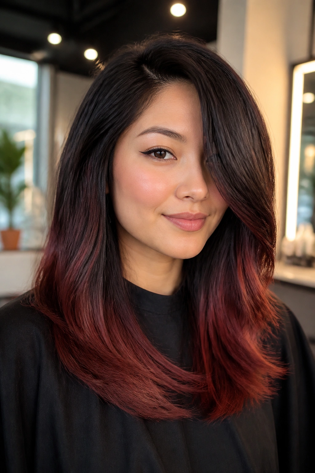 Close-up of a real woman's Auburn-Black Shadow Melt With Side Part hairstyle in a salon