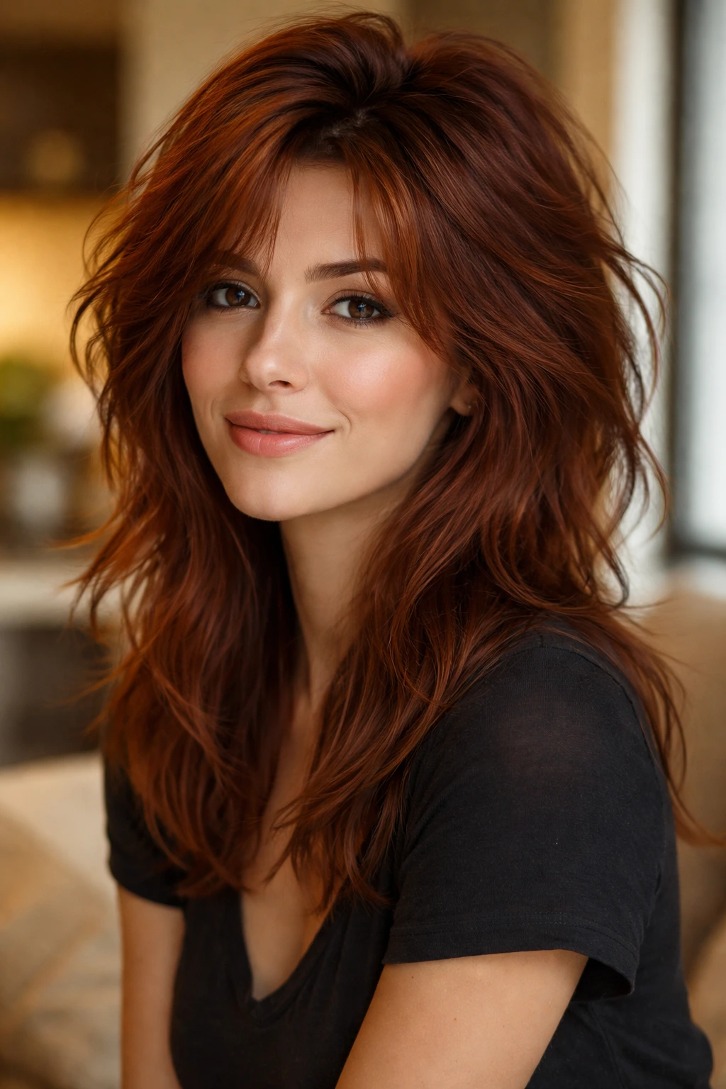 Close-up portrait of a real woman with piecey auburn shag and swept-back bangs