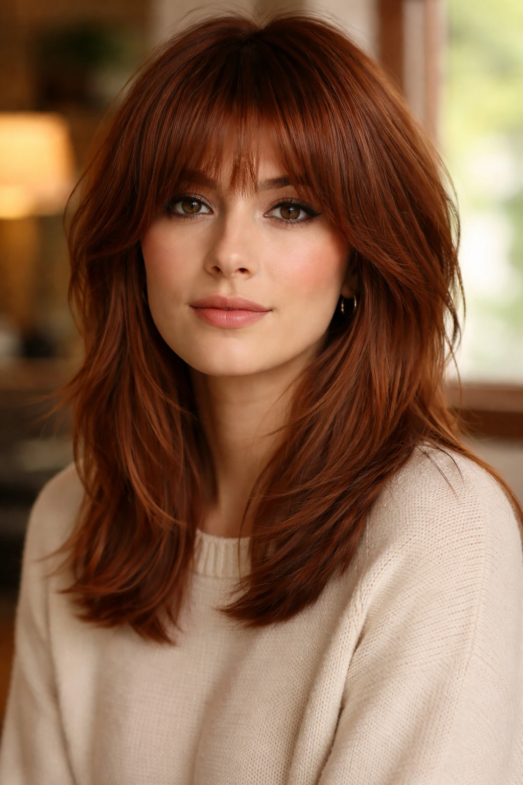 Close-up of a real woman with an auburn shag featuring a blunt perimeter and soft inner layers