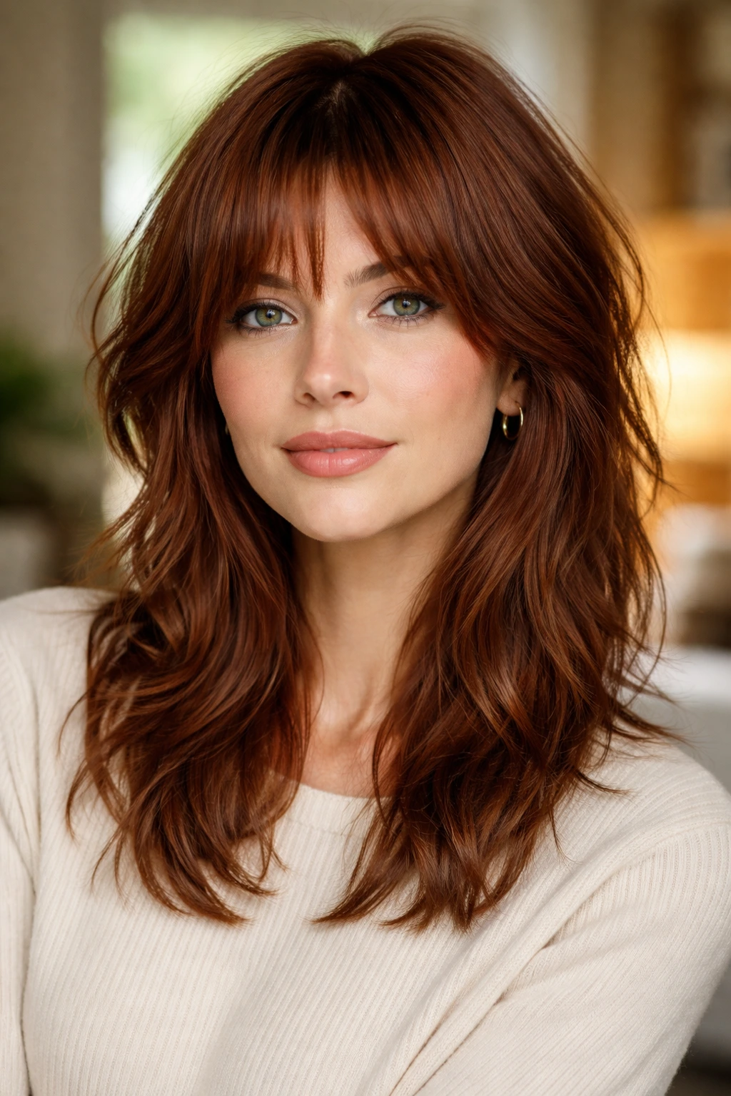 Close-up of a real woman with auburn shag and bottleneck bangs above the brows.
