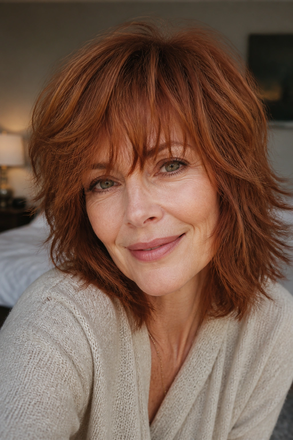 Portrait of a real woman with auburn shag and airy fringe in soft morning light.