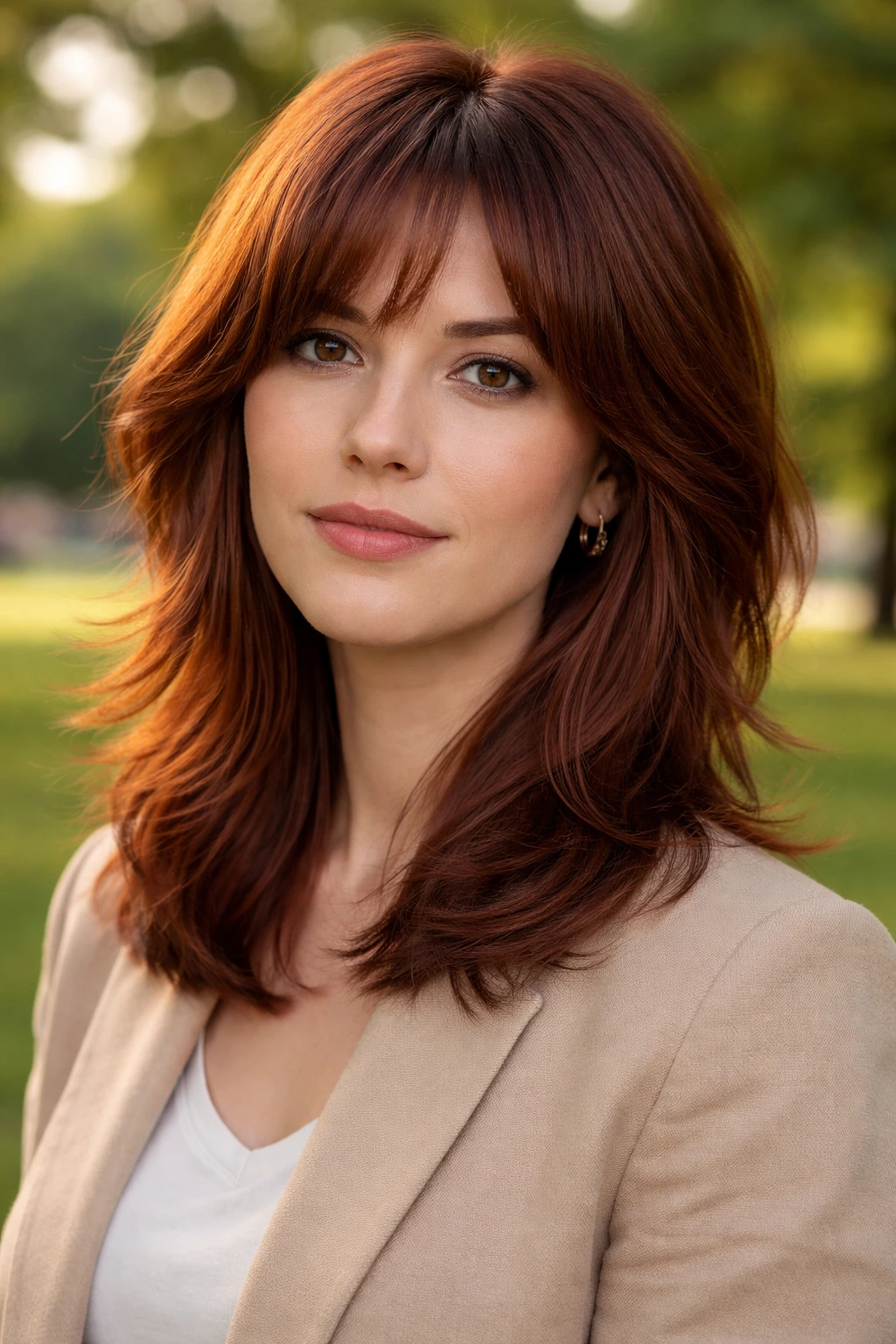 Close-up of a real woman with shoulder-length auburn shag and invisible layers.
