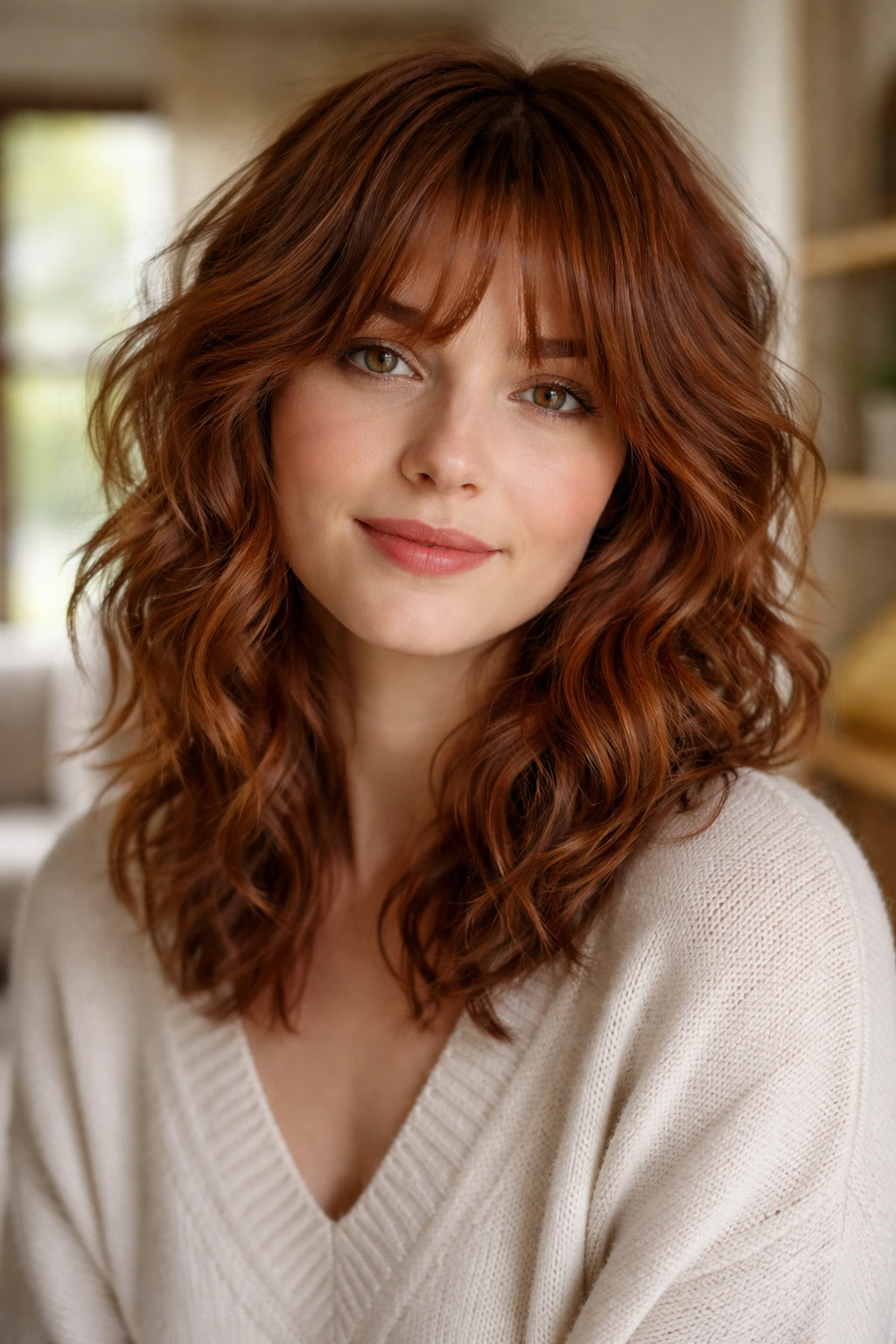Close-up of a real woman with wavy fine hair styled in a curly-friendly auburn shag.