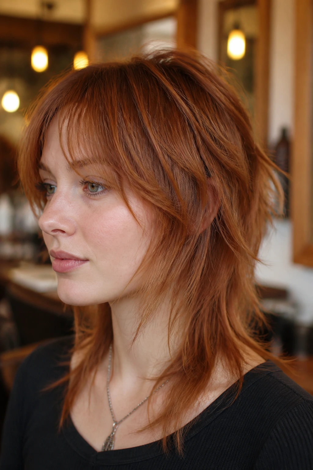 Three-quarter portrait of a person with auburn shullet on fine hair