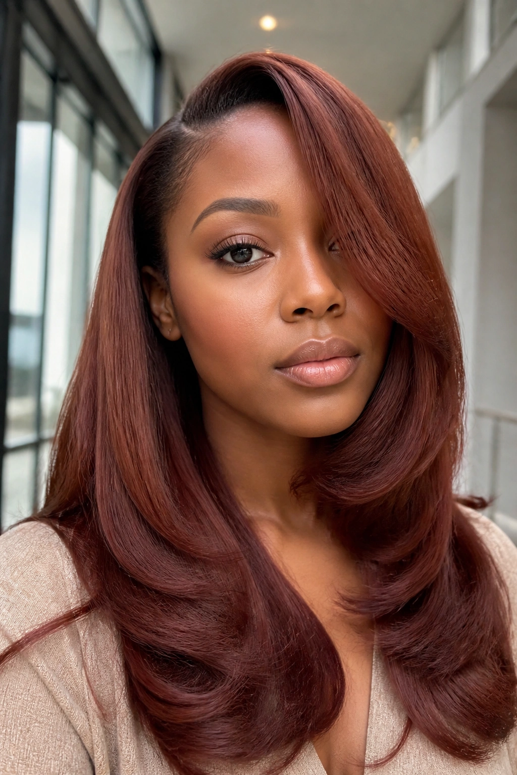 Close-up of a real Black woman with auburn silk press hair in natural light