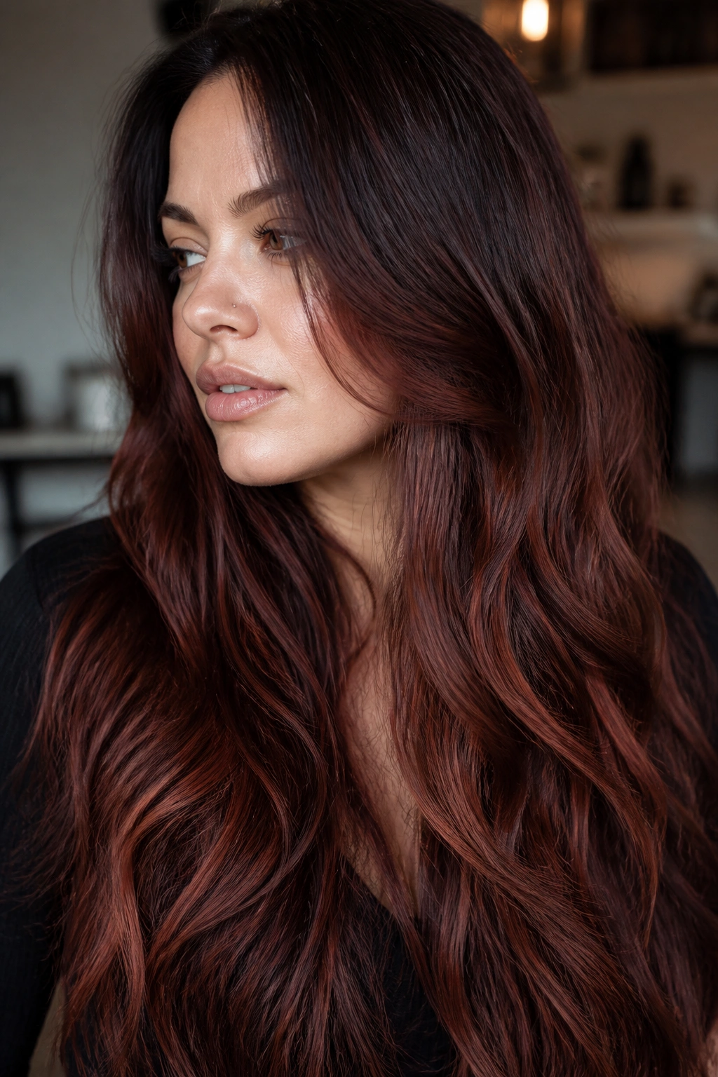 Close-up of a real person with smoky auburn ombre on long hair