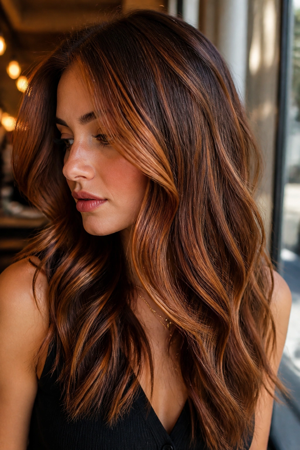 Close-up of a woman showing auburn lowlights and strawberry highlights on brown hair