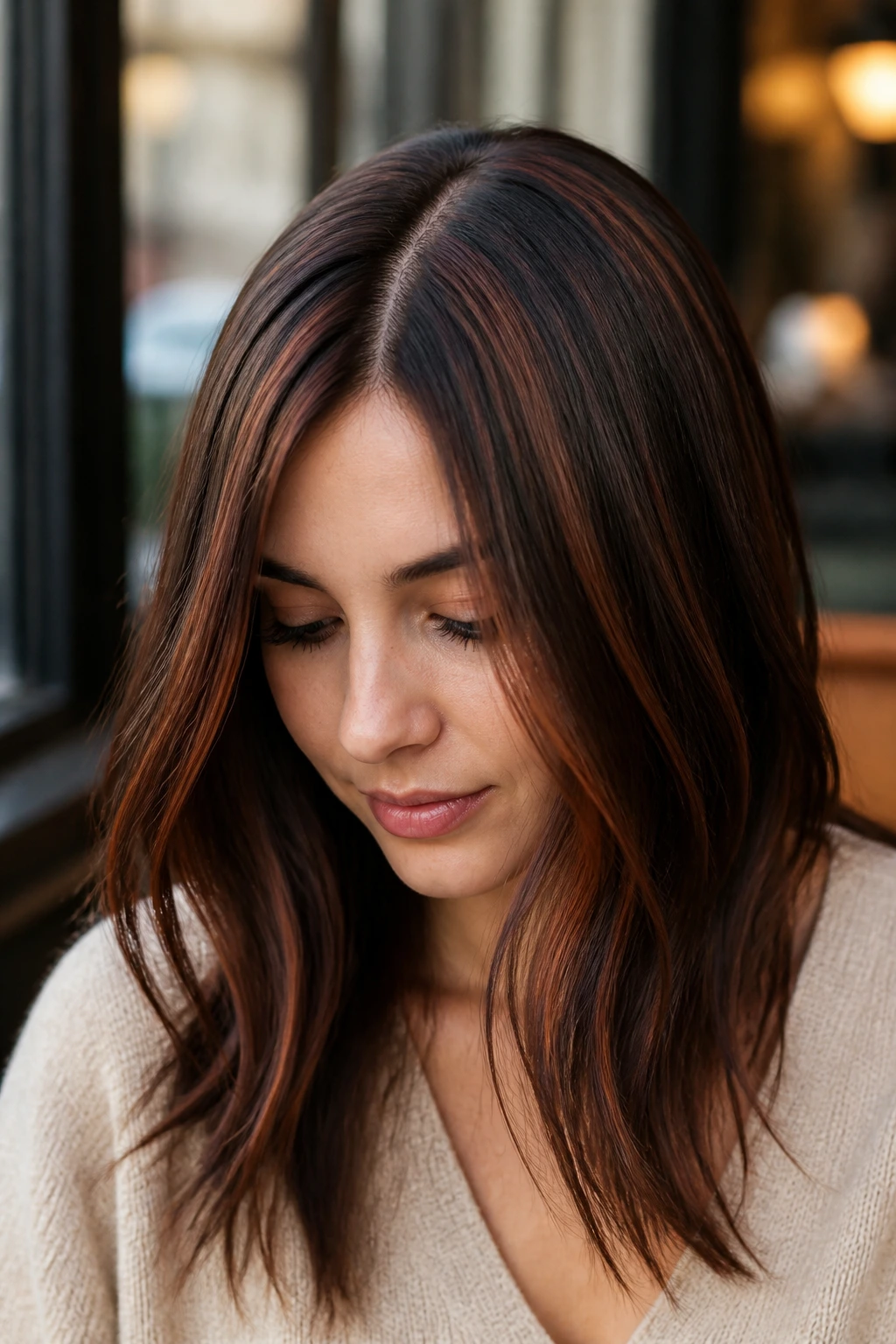 Close-up portrait showing auburn streaks along hair part on a real person