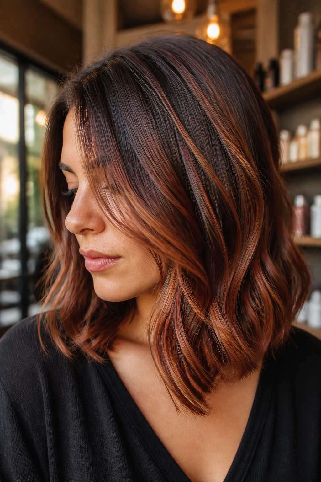 Close-up of a real woman with Auburn-Toffee Dimension balayage blending warm auburn, toffee, and brunette tones