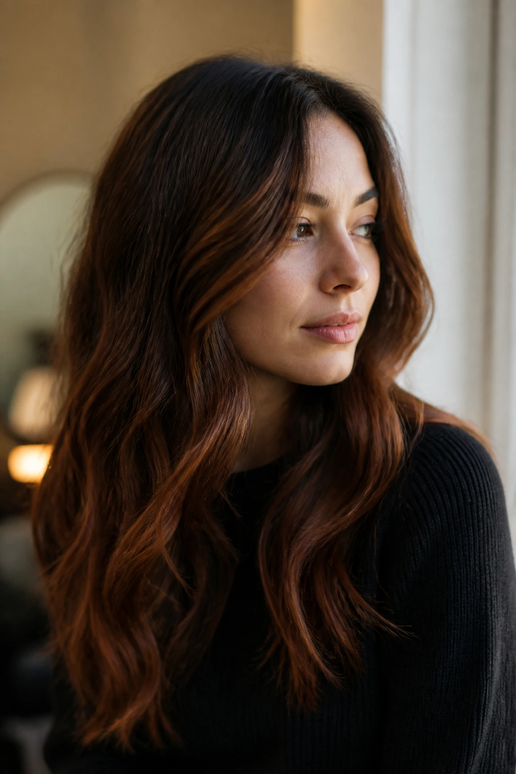 Brunette hair with auburn touches adding warm dimension.