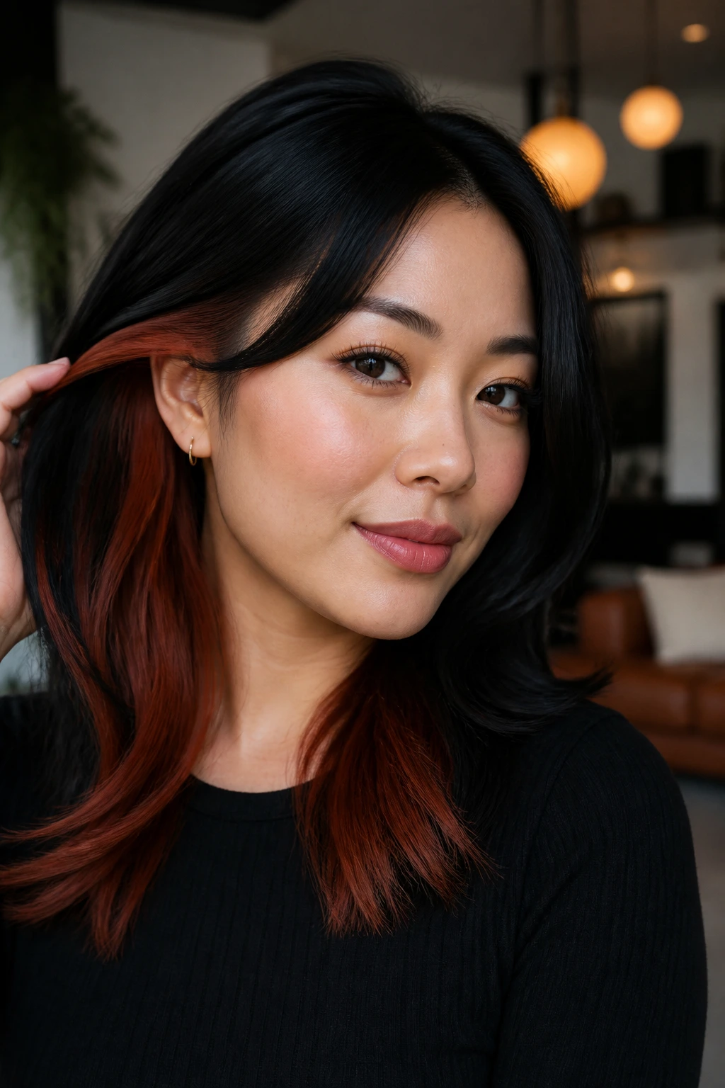 Close-up portrait of a real woman with black hair and auburn underlayer visible as it moves