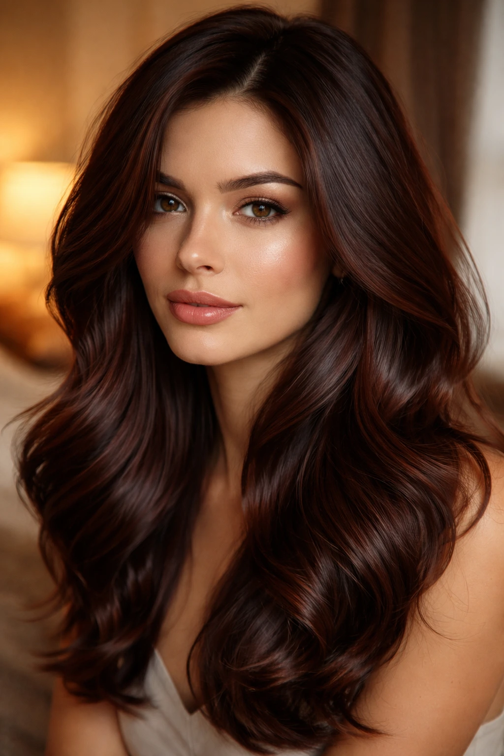 Close-up of a real woman's head with mahogany auburn gloss over dark brown hair
