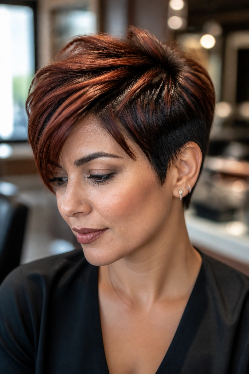 Close-up portrait of a real woman with a soft pixie and auburn veil highlights over dark roots