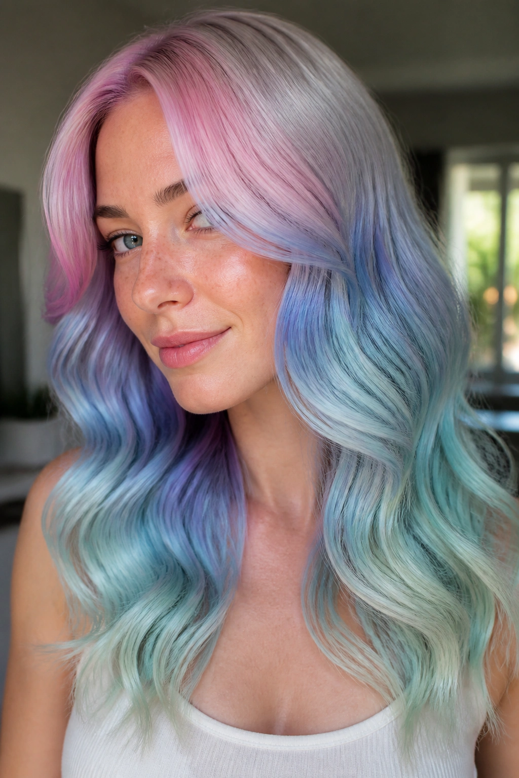 Close-up portrait of a real woman with an aurora pastel melt hairstyle.