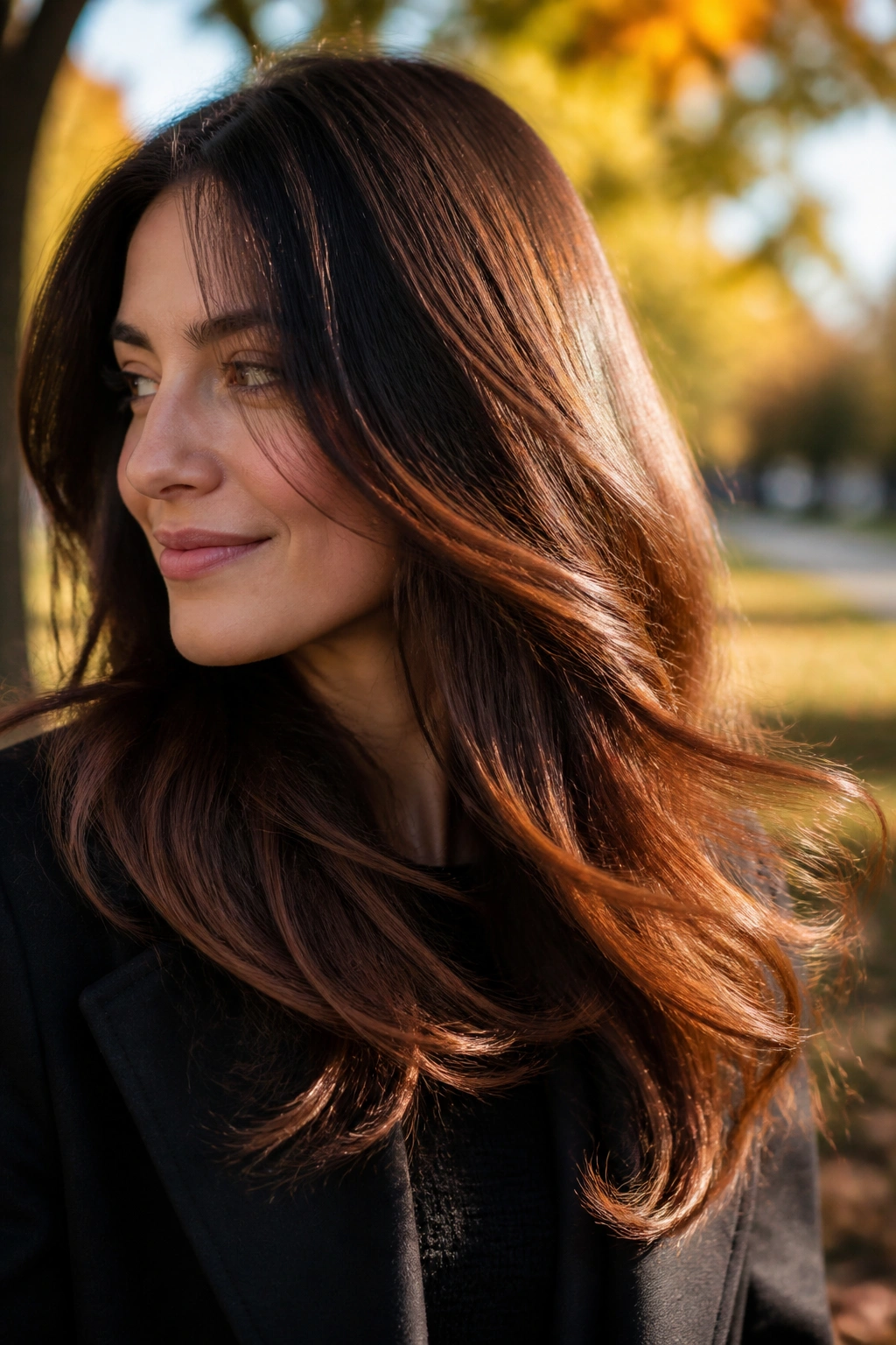 Close-up portrait of a real woman with autumn copper sweep in brown hair