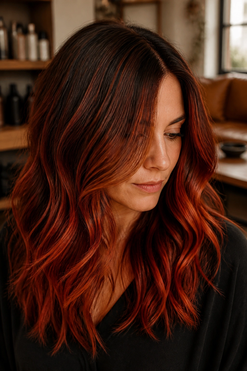 Close-up of brunette hair with autumn leaf melt balayage featuring copper, auburn, and rust tones.