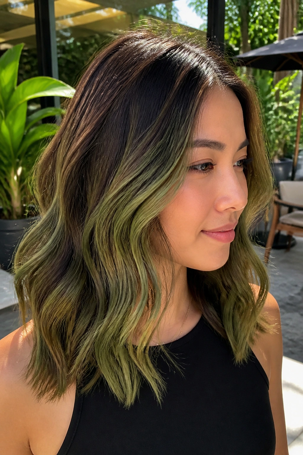 Wavy midlength brown hair with avocado balayage
