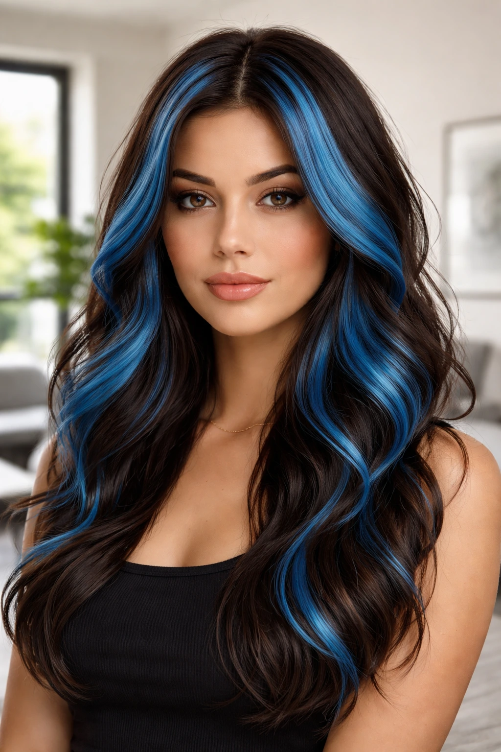 Close-up of brunette with bold azure chunky highlights