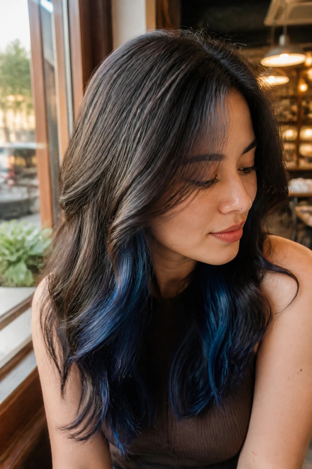 Real person with azure peekaboo color beneath top hair layer visible at the crown