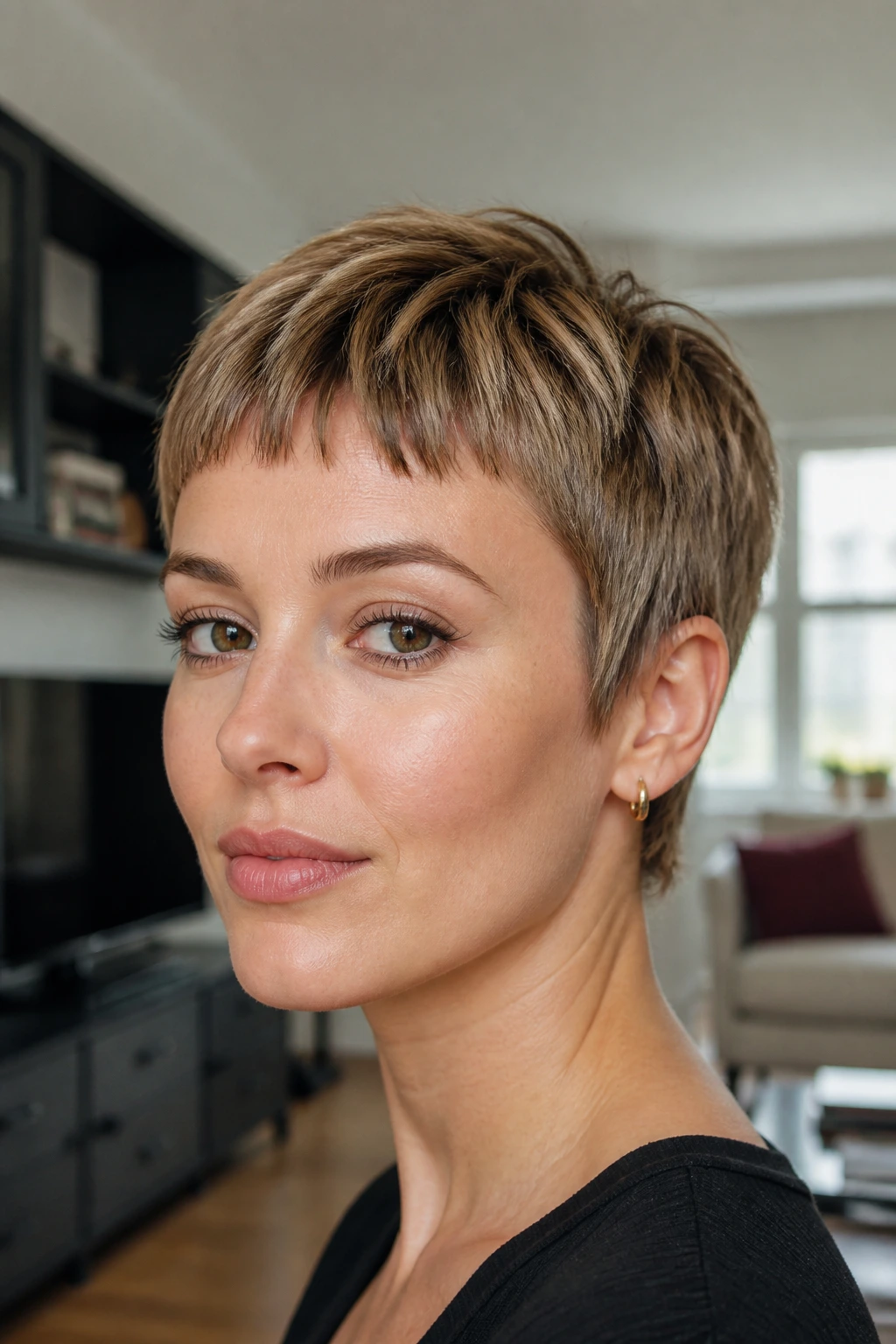 Close-up of a woman with Baby Bang Pixie fringe hairstyle