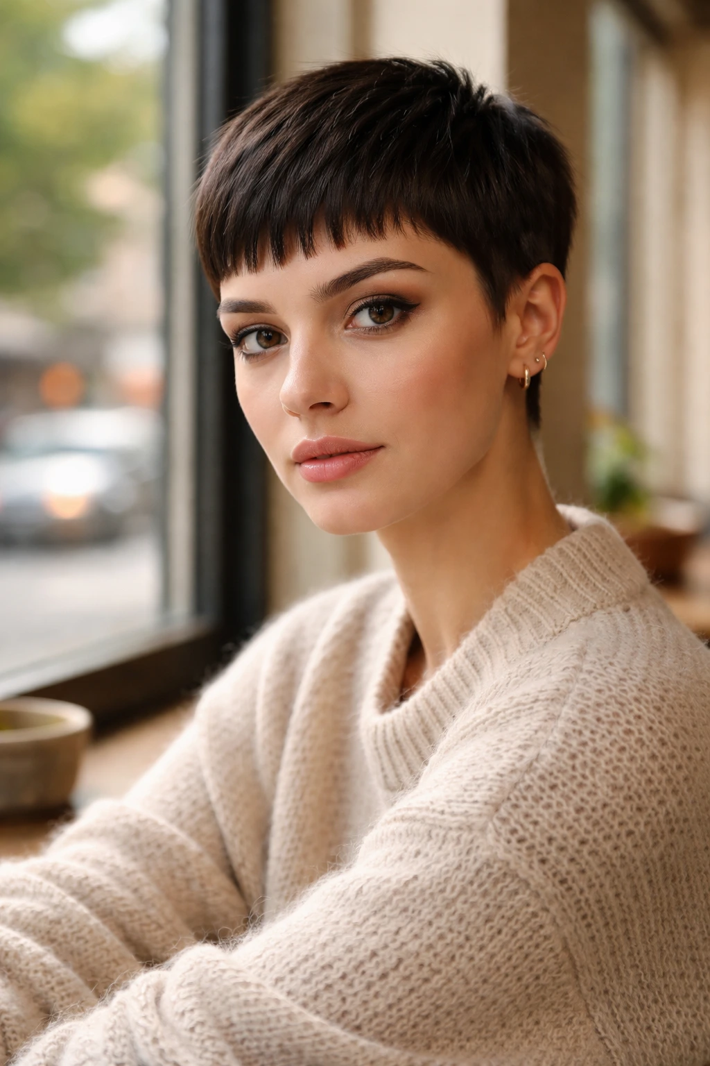 Close-up of a real woman with baby-bang pixie and sharp edges, fringe above brows in warm cafe light