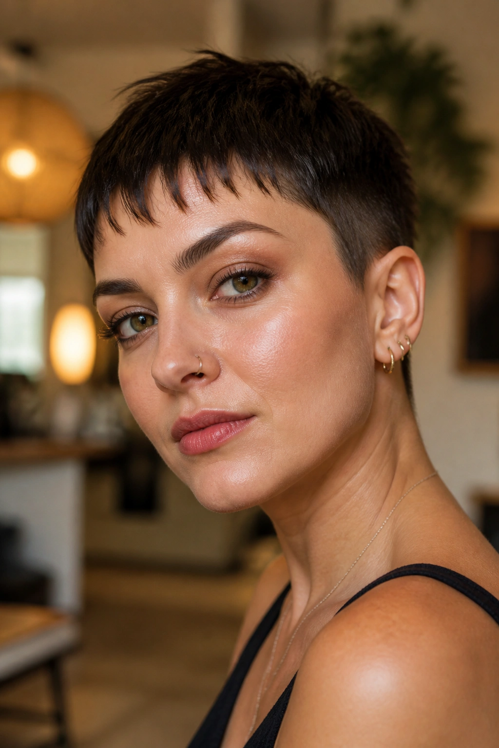 Close-up of a real woman with baby-bang pixie and tapered sides in warm indoor light