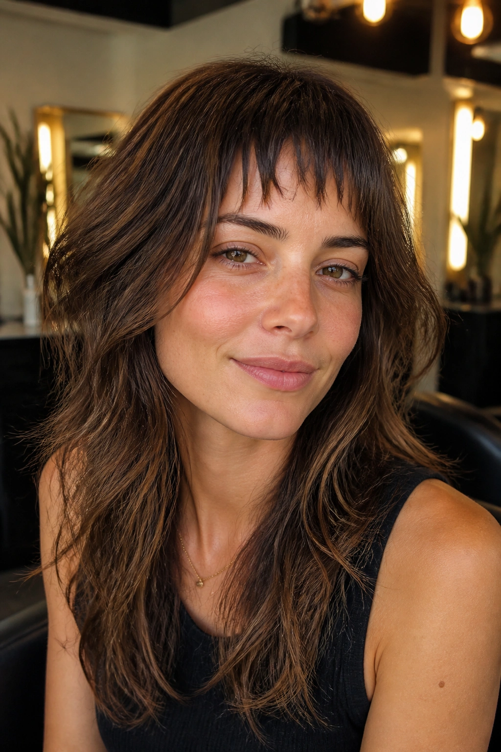 Close-up of a real woman with baby bangs and long shaggy layers in a stylish salon