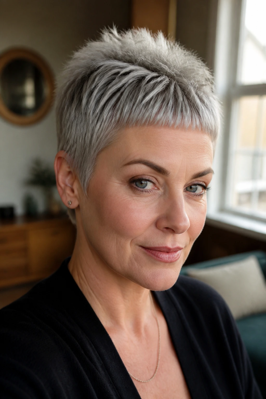 Portrait of a real woman with a baby-bang silver pixie in window light