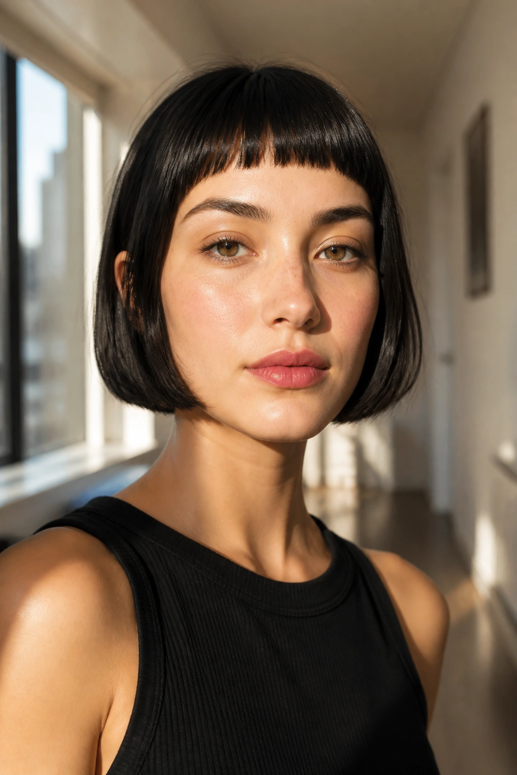 Close-up of a real woman with baby bangs and a chin-length bob in a sunny hallway